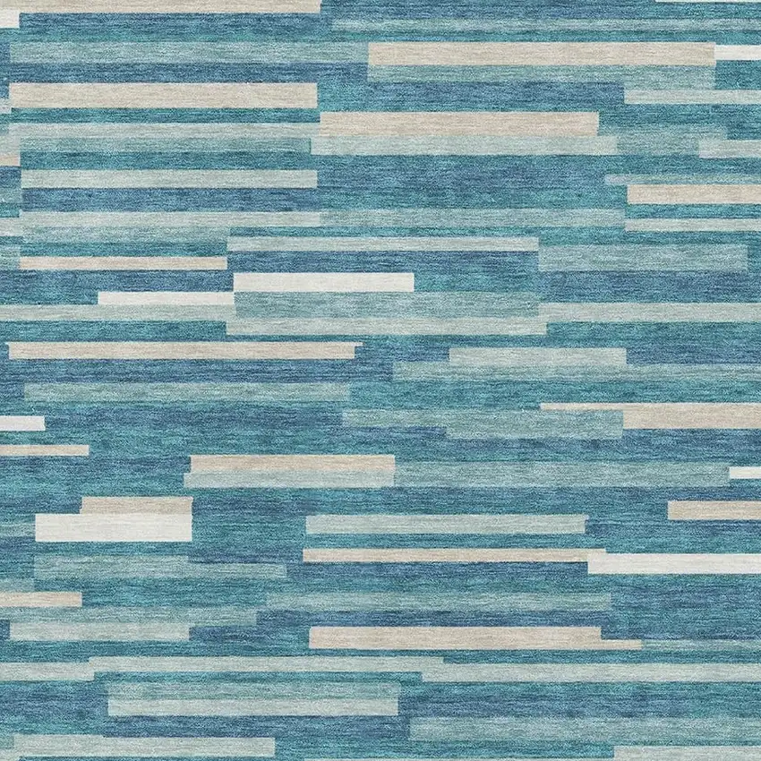 Teal Ivory And Gray Striped Washable Area Rug With UV Protection Photo 3