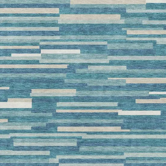 Teal Ivory And Gray Striped Washable Area Rug With UV Protection Photo 3