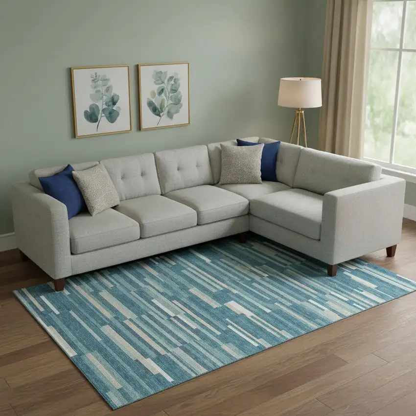 Teal Ivory And Gray Striped Washable Area Rug With UV Protection Photo 1
