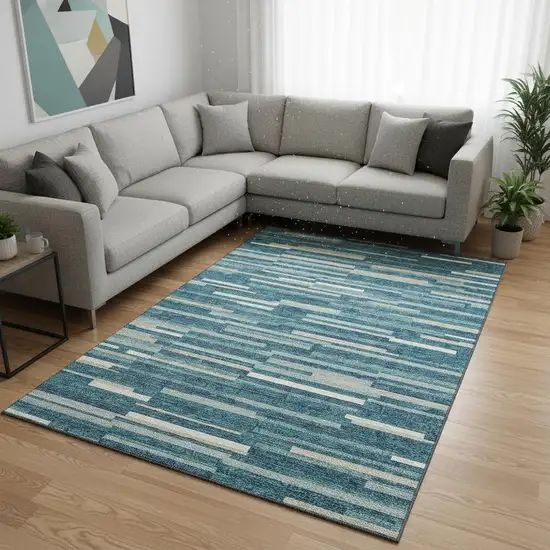 Teal Ivory And Gray Striped Washable Area Rug With UV Protection Photo 2