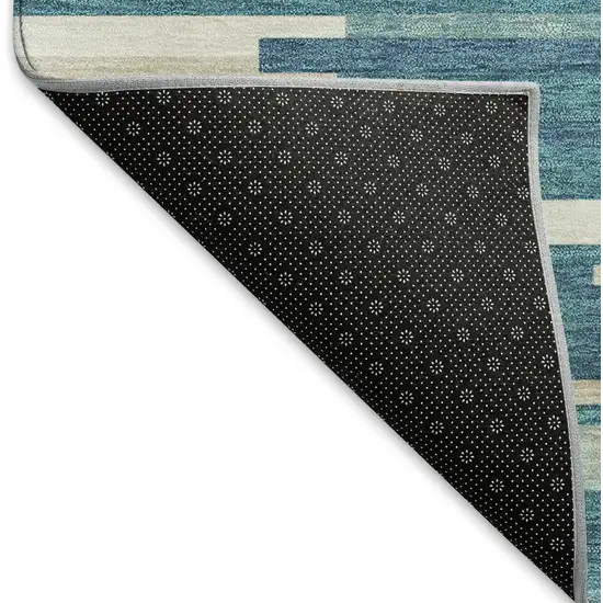 Teal Ivory And Gray Striped Washable Area Rug With UV Protection Photo 7