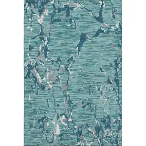 Photo of Teal Ivory And Gray Striped Washable Area Rug With UV Protection