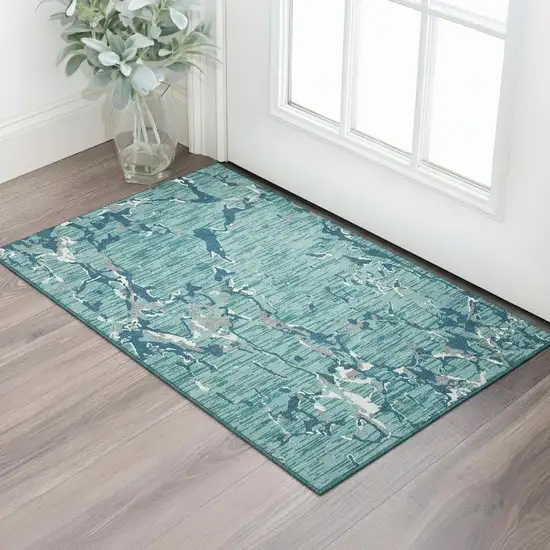 Teal Ivory And Gray Striped Washable Area Rug With UV Protection Photo 2