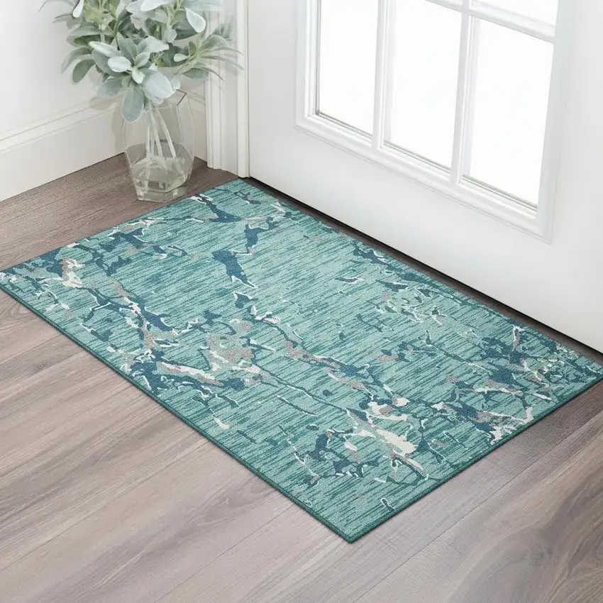 Teal Ivory And Gray Striped Washable Area Rug With UV Protection Photo 2