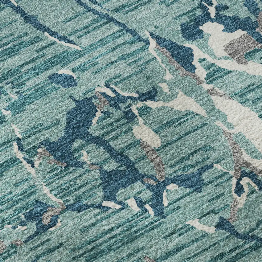 Teal Ivory And Gray Striped Washable Area Rug With UV Protection Photo 9