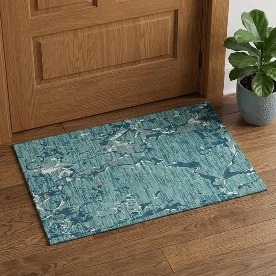 Teal Ivory And Gray Striped Washable Area Rug With UV Protection Photo 1