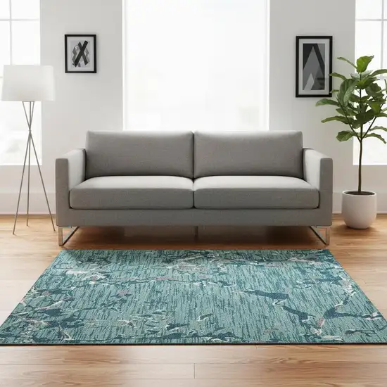 Teal Ivory And Gray Striped Washable Area Rug With UV Protection Photo 2