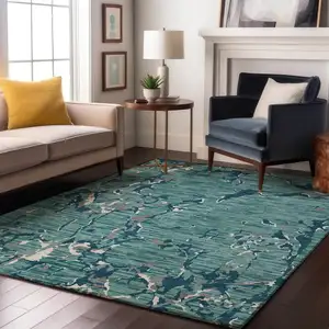Photo of Teal Ivory And Gray Striped Washable Area Rug With UV Protection