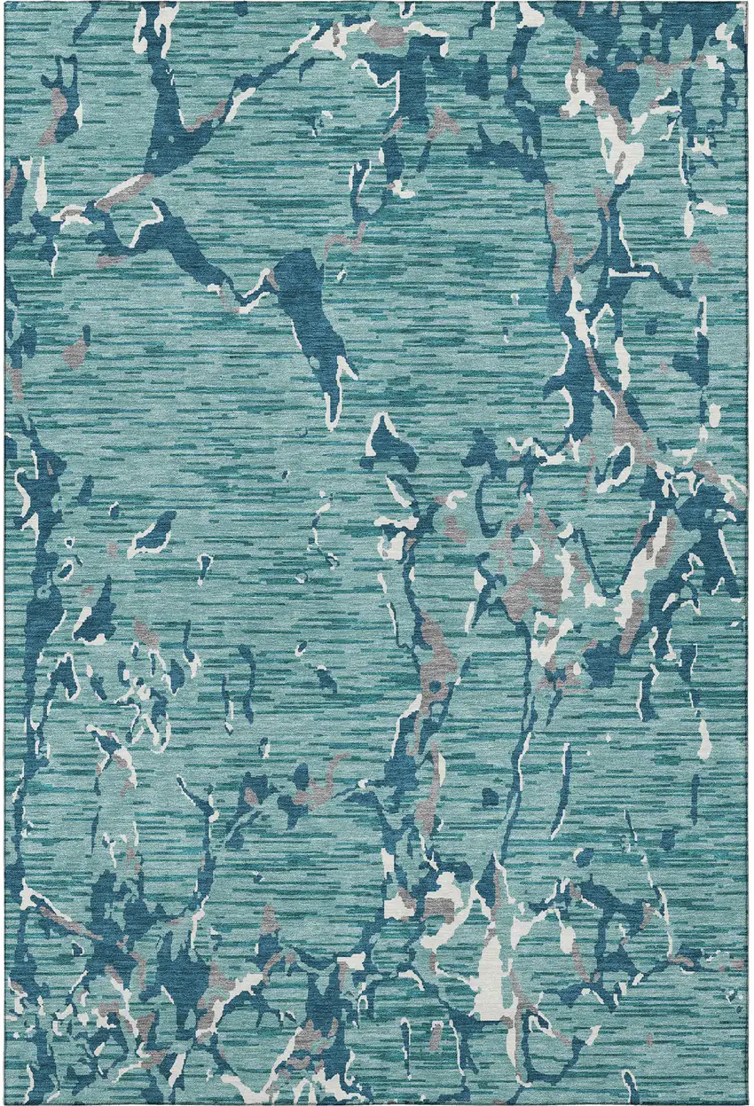 Teal Ivory And Gray Striped Washable Area Rug With UV Protection Photo 3