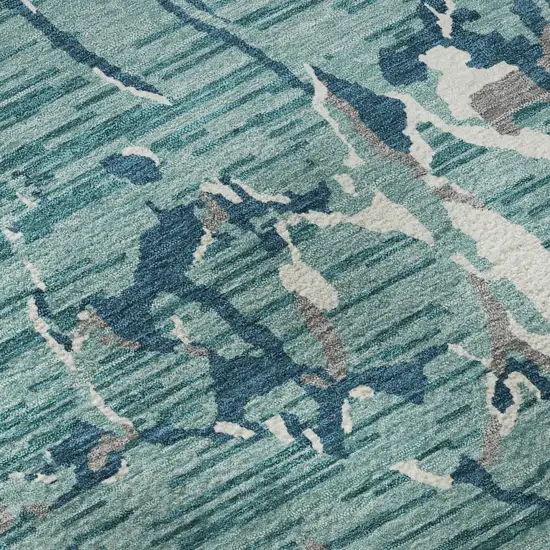 Teal Ivory And Gray Striped Washable Area Rug With UV Protection Photo 9