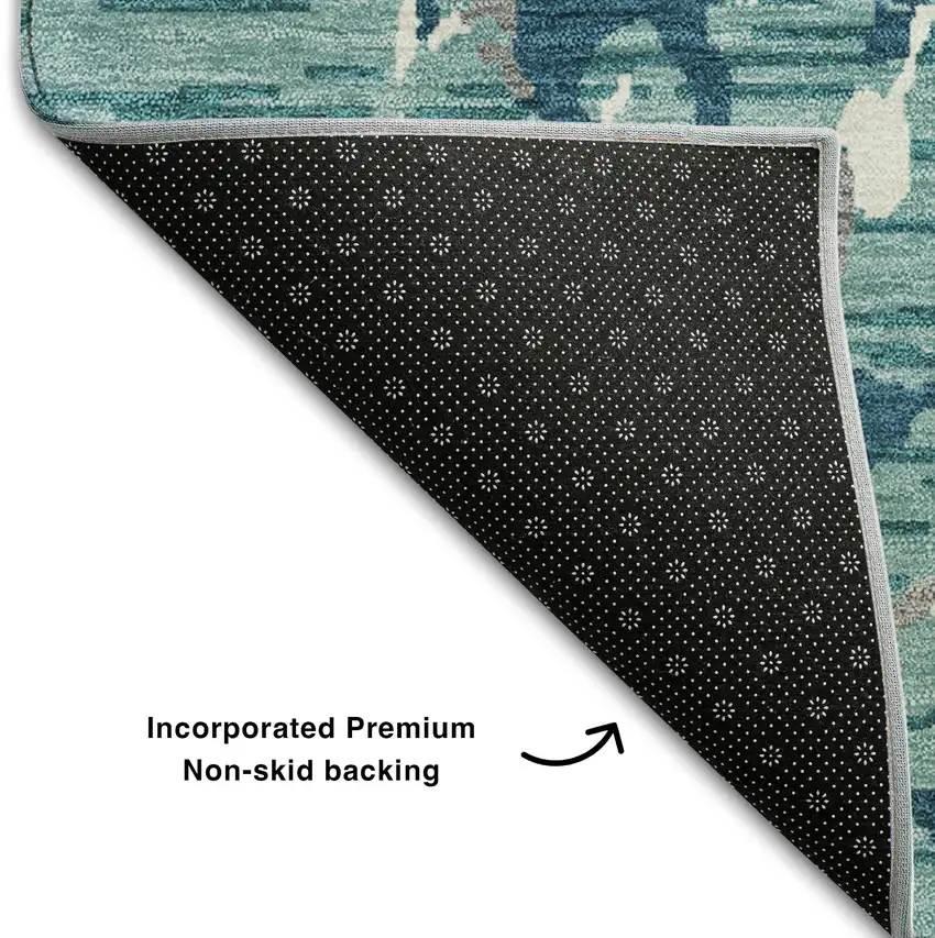 Teal Ivory And Gray Striped Washable Area Rug With UV Protection Photo 6