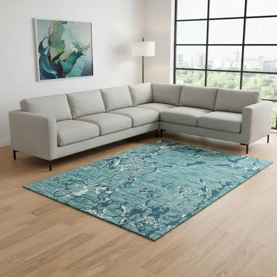 Teal Ivory And Gray Striped Washable Area Rug With UV Protection Photo 2