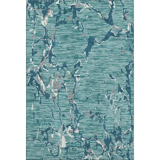 Teal Ivory And Gray Striped Washable Area Rug With UV Protection Photo 1