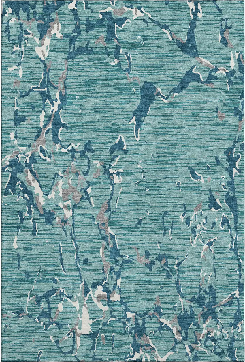 Teal Ivory And Gray Striped Washable Area Rug With UV Protection Photo 1