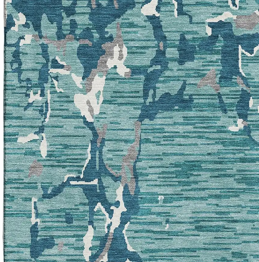 Teal Ivory And Gray Striped Washable Area Rug With UV Protection Photo 2