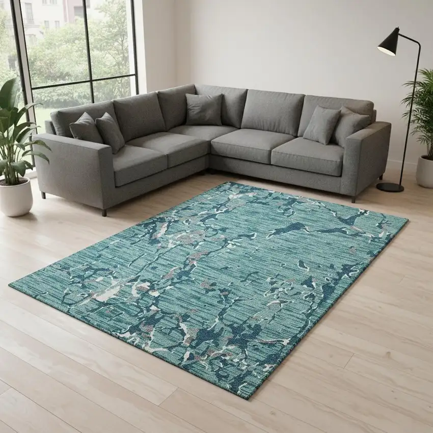 Teal Ivory And Gray Striped Washable Area Rug With UV Protection Photo 2