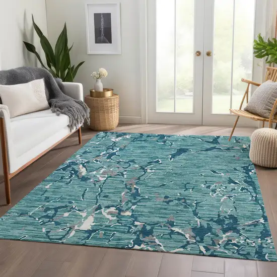 Teal Ivory And Gray Striped Washable Area Rug With UV Protection Photo 5