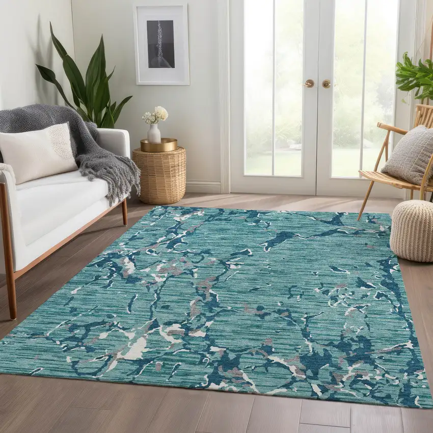 Teal Ivory And Gray Striped Washable Area Rug With UV Protection Photo 5