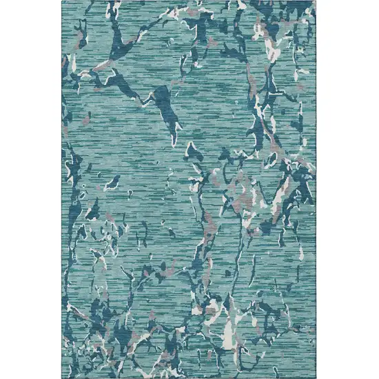 Teal Ivory And Gray Striped Washable Area Rug With UV Protection Photo 3