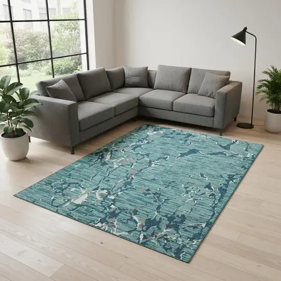 Teal Ivory And Gray Striped Washable Area Rug With UV Protection Photo 2