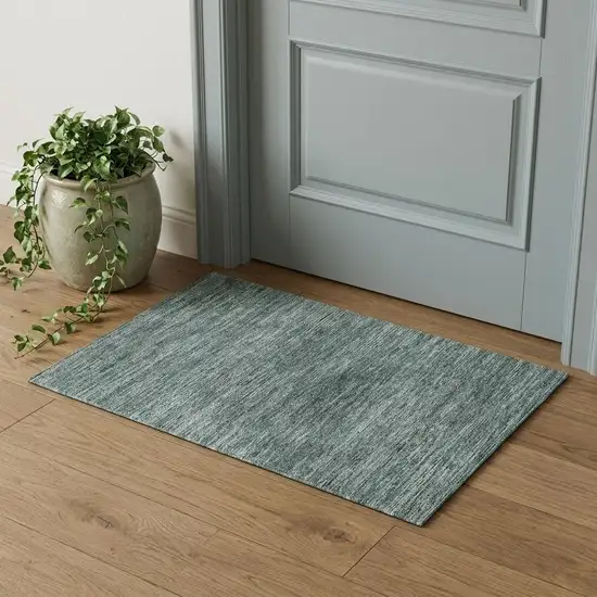 Teal Ivory And Gray Striped Washable Area Rug With UV Protection Photo 1