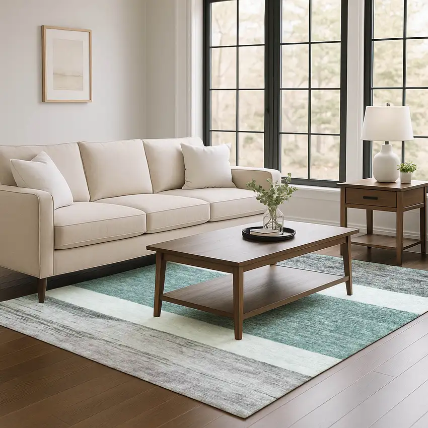 Teal Ivory And Gray Striped Washable Area Rug With UV Protection Photo 3