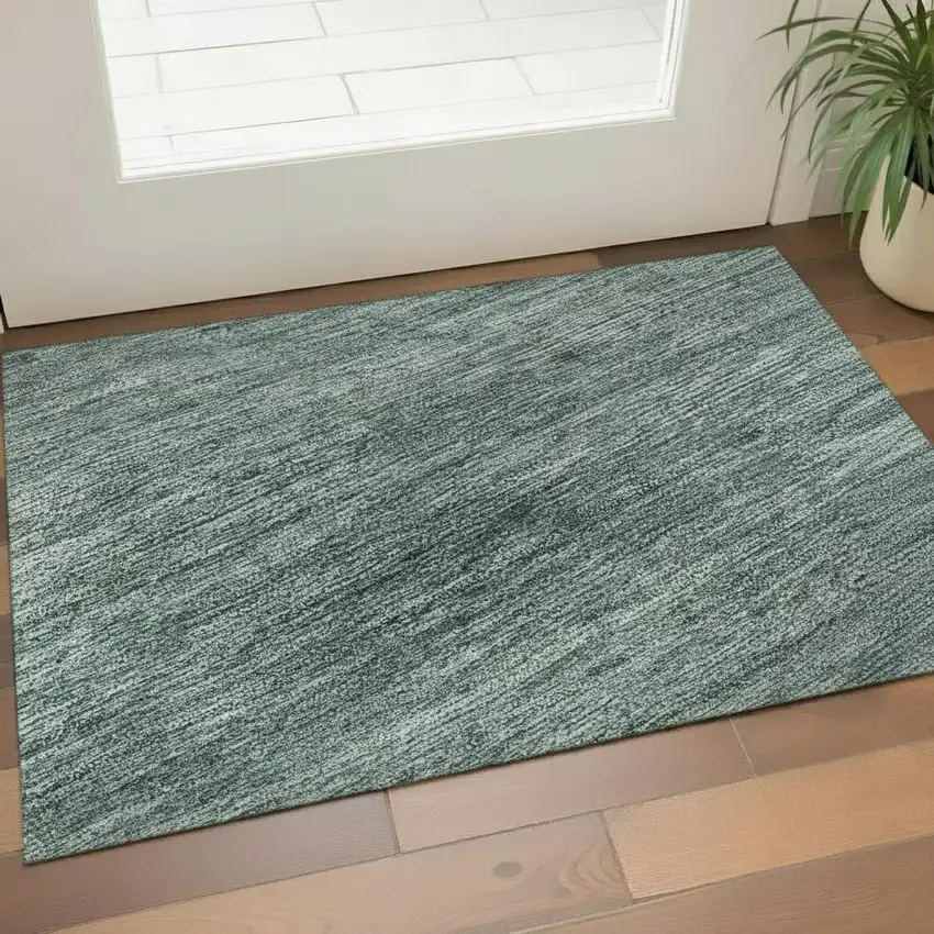 Teal Ivory And Gray Striped Washable Area Rug With UV Protection Photo 2