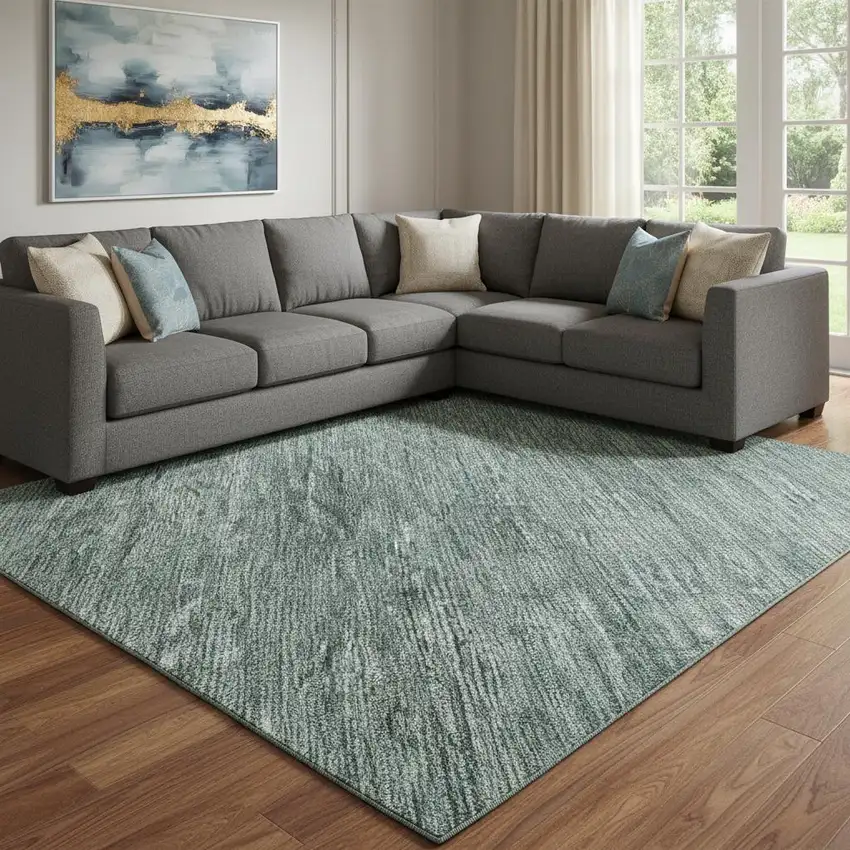 Teal Ivory And Gray Striped Washable Area Rug With UV Protection Photo 2