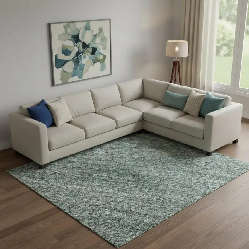 Teal Ivory And Gray Striped Washable Area Rug With UV Protection Photo 2