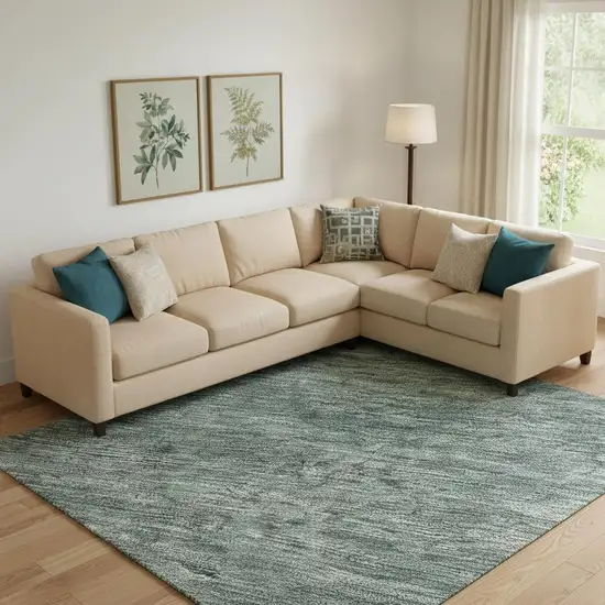 Teal Ivory And Gray Striped Washable Area Rug With UV Protection Photo 2