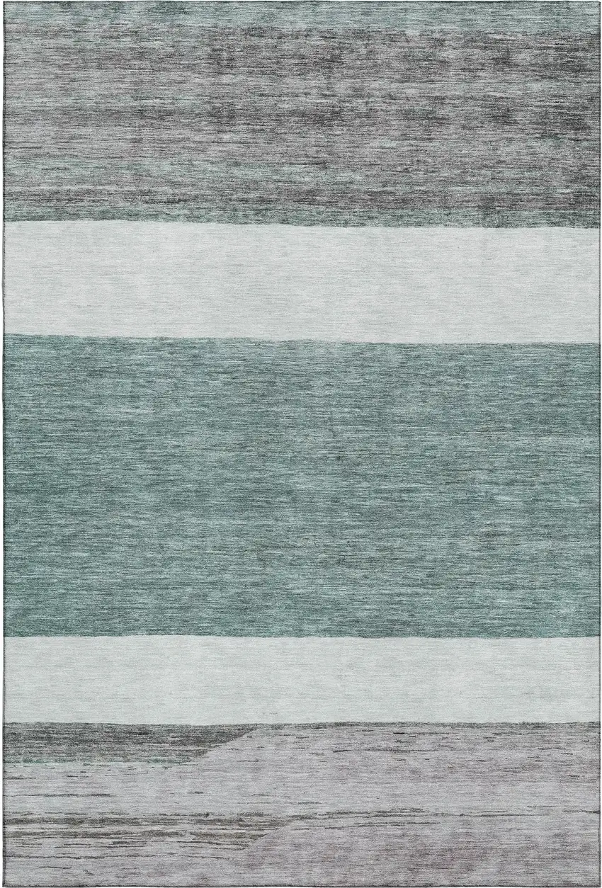 Teal Ivory And Gray Striped Washable Area Rug With UV Protection Photo 4