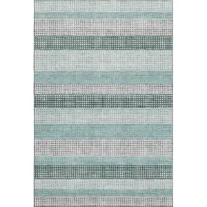 Photo of Teal Ivory And Gray Striped Washable Area Rug With UV Protection