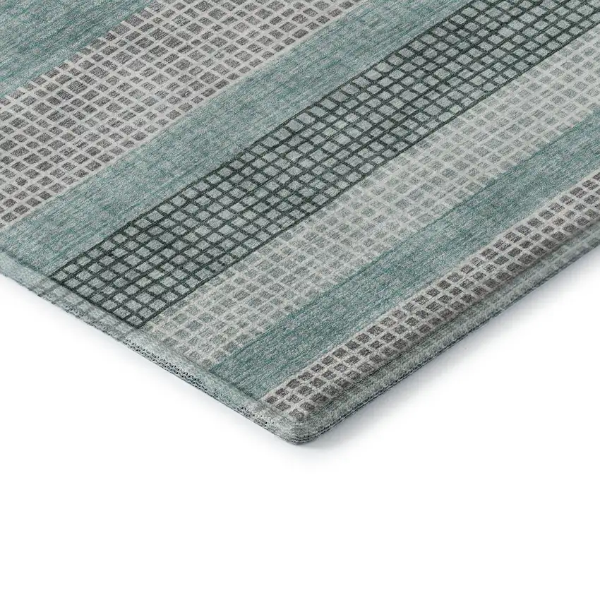 Teal Ivory And Gray Striped Washable Area Rug With UV Protection Photo 8
