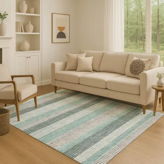 Teal Ivory And Gray Striped Washable Area Rug With UV Protection Photo 5