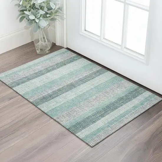 Teal Ivory And Gray Striped Washable Area Rug With UV Protection Photo 2