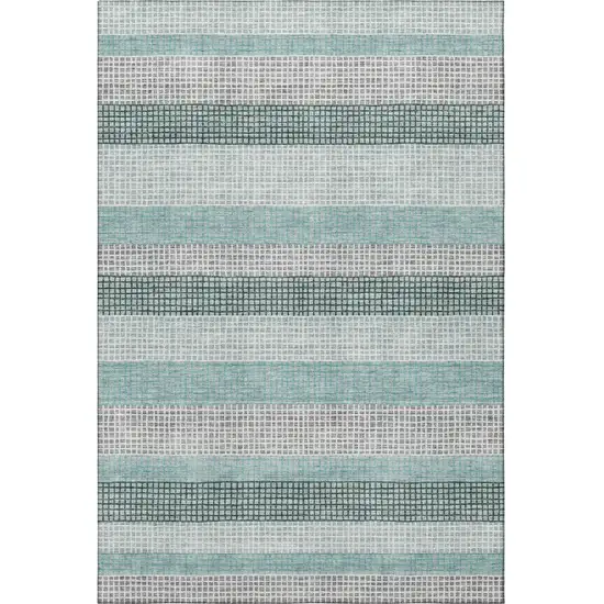 Teal Ivory And Gray Striped Washable Area Rug With UV Protection Photo 4