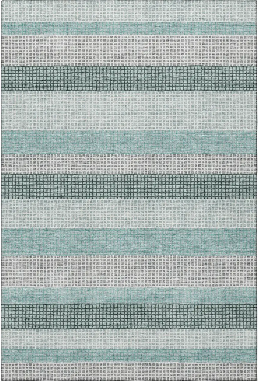 Teal Ivory And Gray Striped Washable Area Rug With UV Protection Photo 4