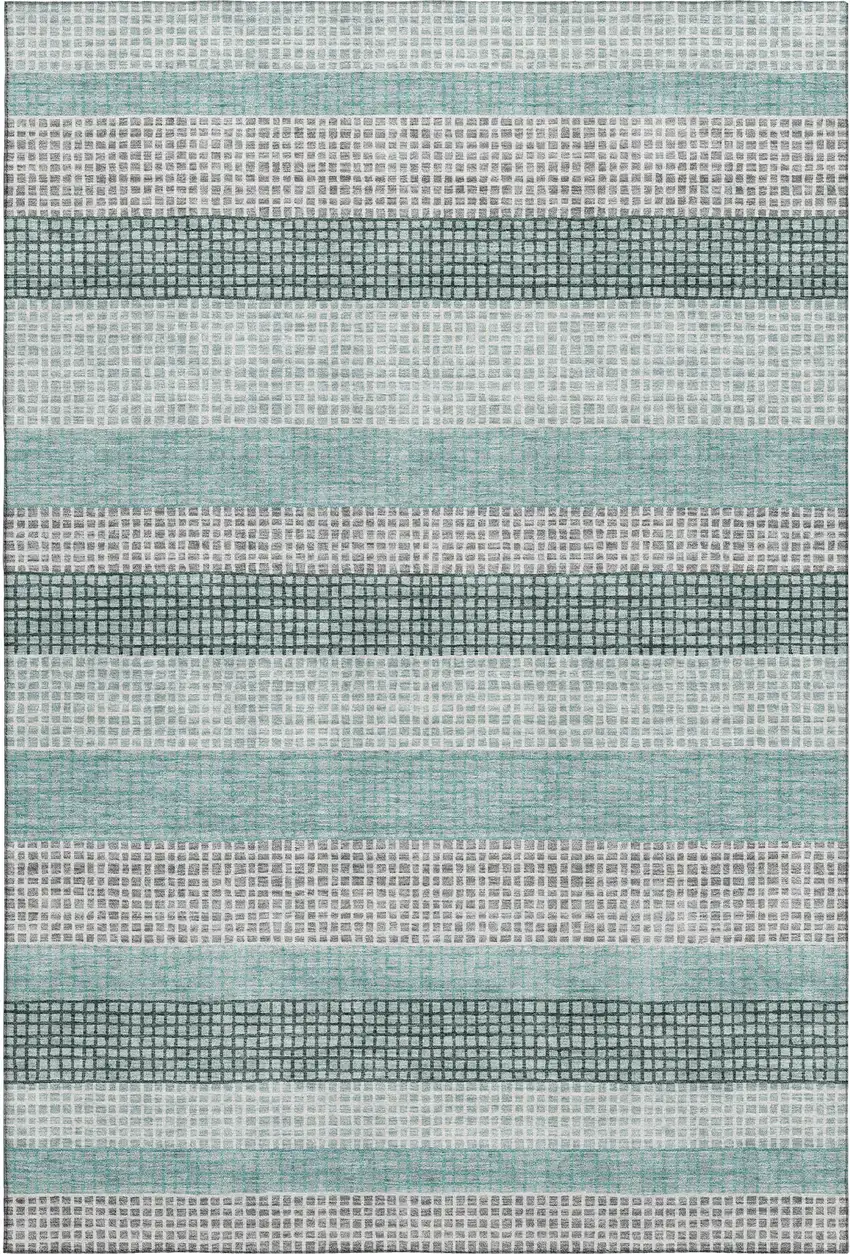 Teal Ivory And Gray Striped Washable Area Rug With UV Protection Photo 1