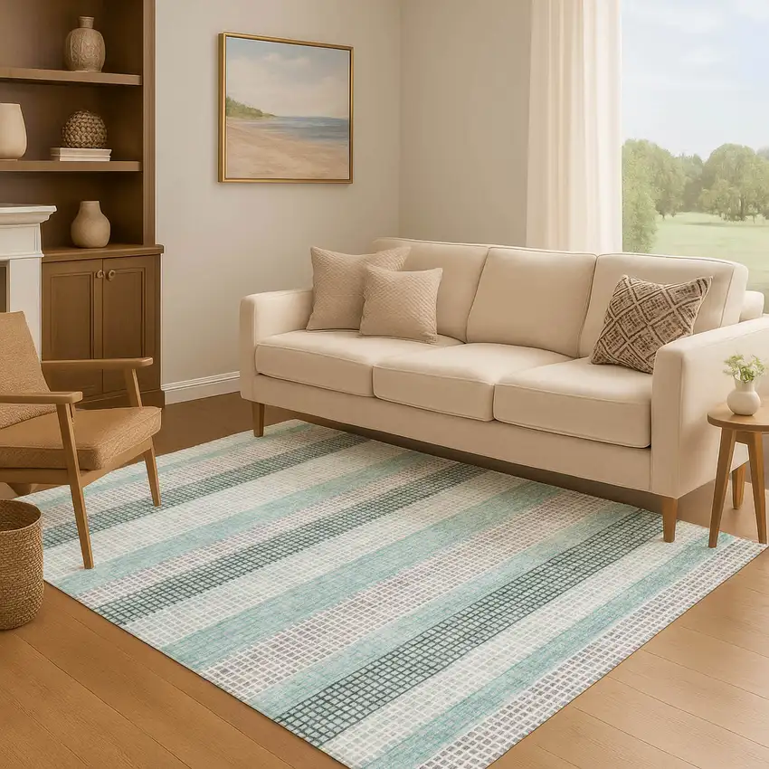 Teal Ivory And Gray Striped Washable Area Rug With UV Protection Photo 6