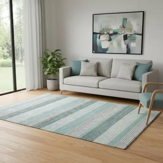 Teal Ivory And Gray Striped Washable Area Rug With UV Protection Photo 2