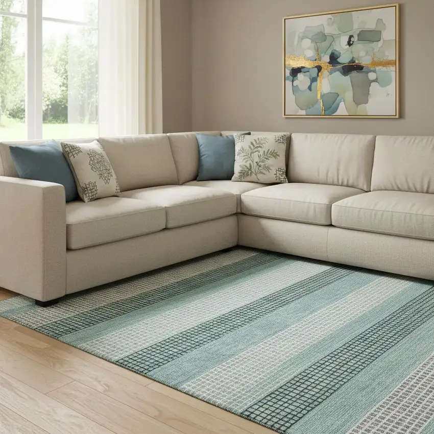 Teal Ivory And Gray Striped Washable Area Rug With UV Protection Photo 2