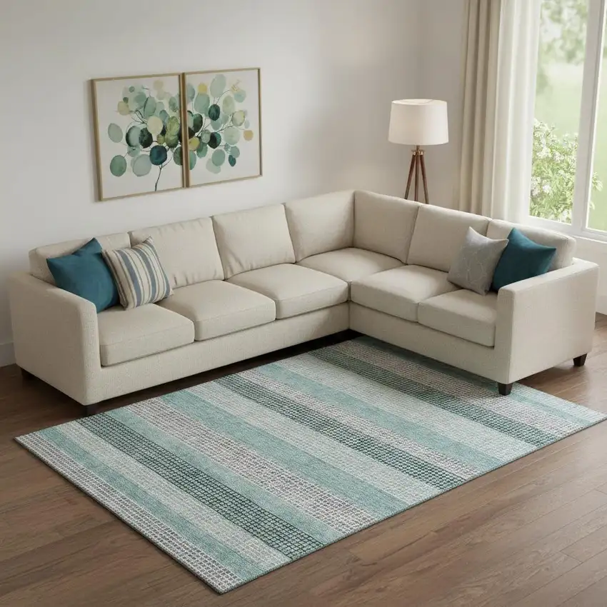 Teal Ivory And Gray Striped Washable Area Rug With UV Protection Photo 2