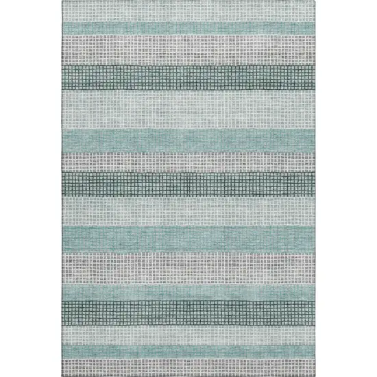 Teal Ivory And Gray Striped Washable Area Rug With UV Protection Photo 1