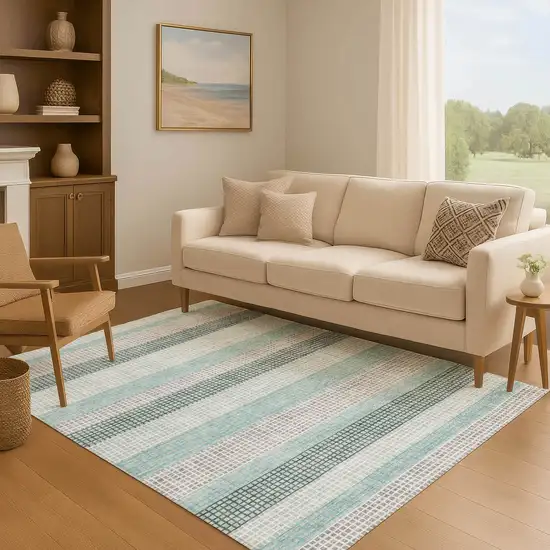 Teal Ivory And Gray Striped Washable Area Rug With UV Protection Photo 6