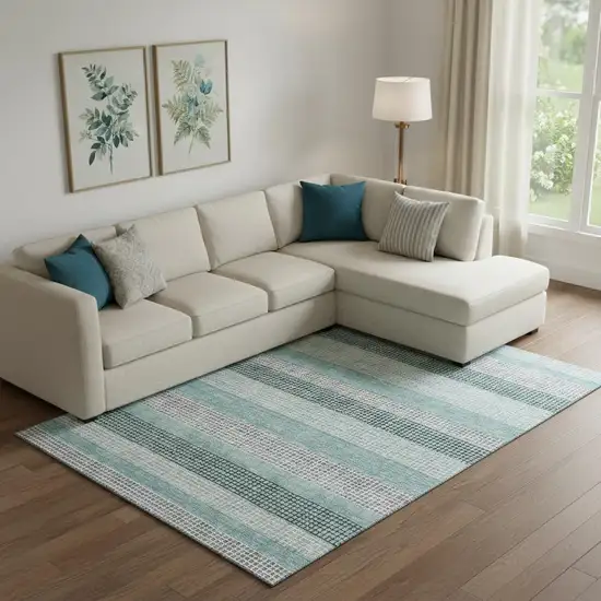 Teal Ivory And Gray Striped Washable Area Rug With UV Protection Photo 2