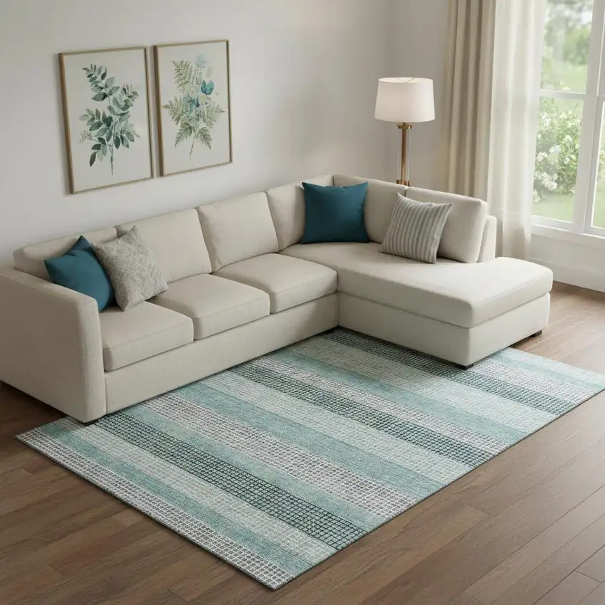 Teal Ivory And Gray Striped Washable Area Rug With UV Protection Photo 2