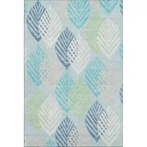 Photo of Teal Ivory And Green Floral Washable Area Rug With UV Protection