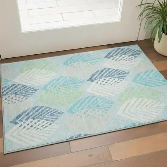 Teal Ivory And Green Floral Washable Area Rug With UV Protection Photo 1