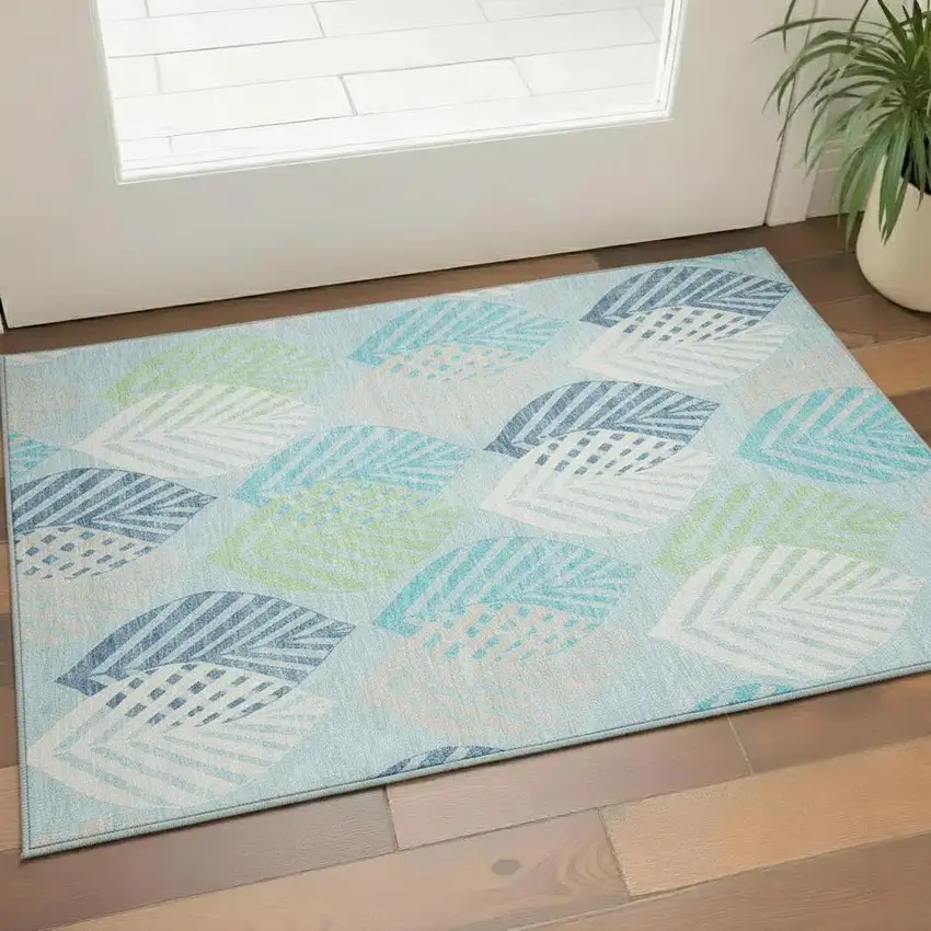 Teal Ivory And Green Floral Washable Area Rug With UV Protection Photo 1