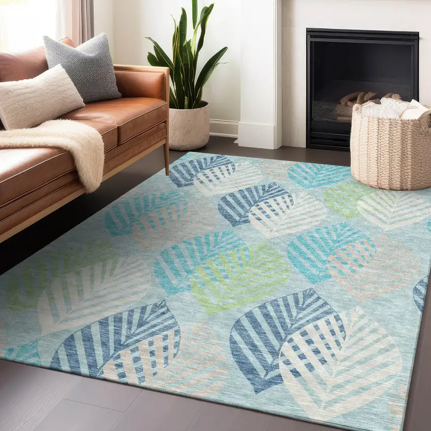 Teal Ivory And Green Floral Washable Area Rug With UV Protection Photo 6